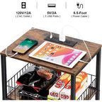 Table d'appoint à 3 niveaux avec station de charge, Noir/Marron, 2 prises et 2 ports USB, Utilisation par 1 personne