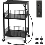 Table d'appoint à 3 niveaux avec station de charge, Noir/Marron, 2 prises et 2 ports USB, Utilisation par 1 personne