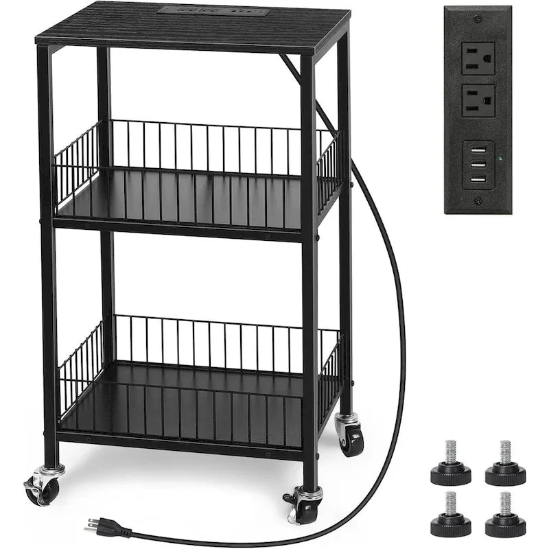 Table d'appoint à 3 niveaux avec station de charge, Noir/Marron, 2 prises et 2 ports USB, Utilisation par 1 personne