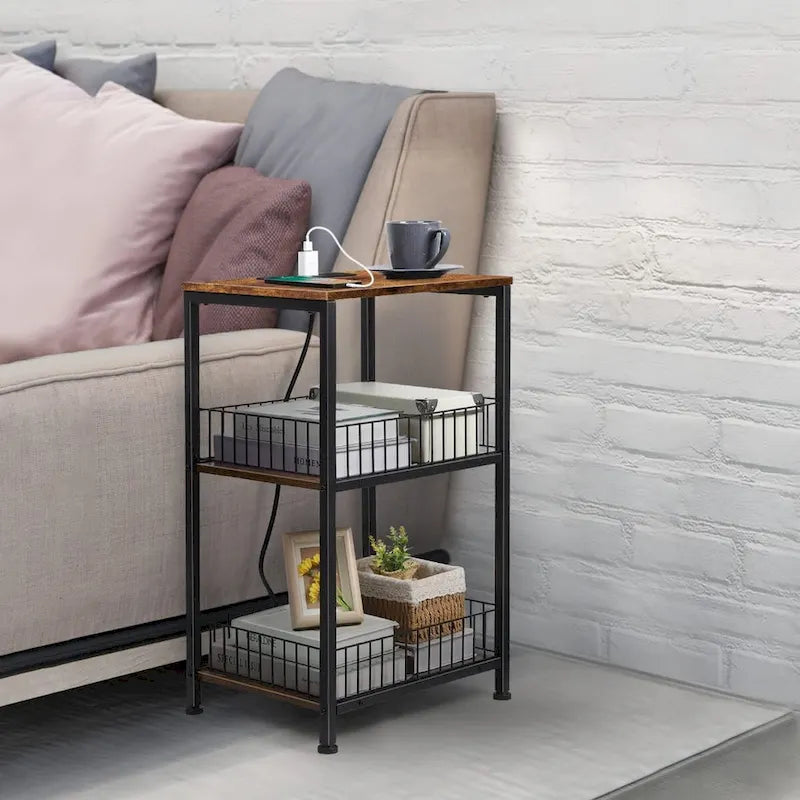 Table d'appoint à 3 niveaux avec station de charge, Noir/Marron, 2 prises et 2 ports USB, Utilisation par 1 personne