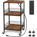 Table d'appoint à 3 niveaux avec station de charge, Noir/Marron, 2 prises et 2 ports USB, Utilisation par 1 personne