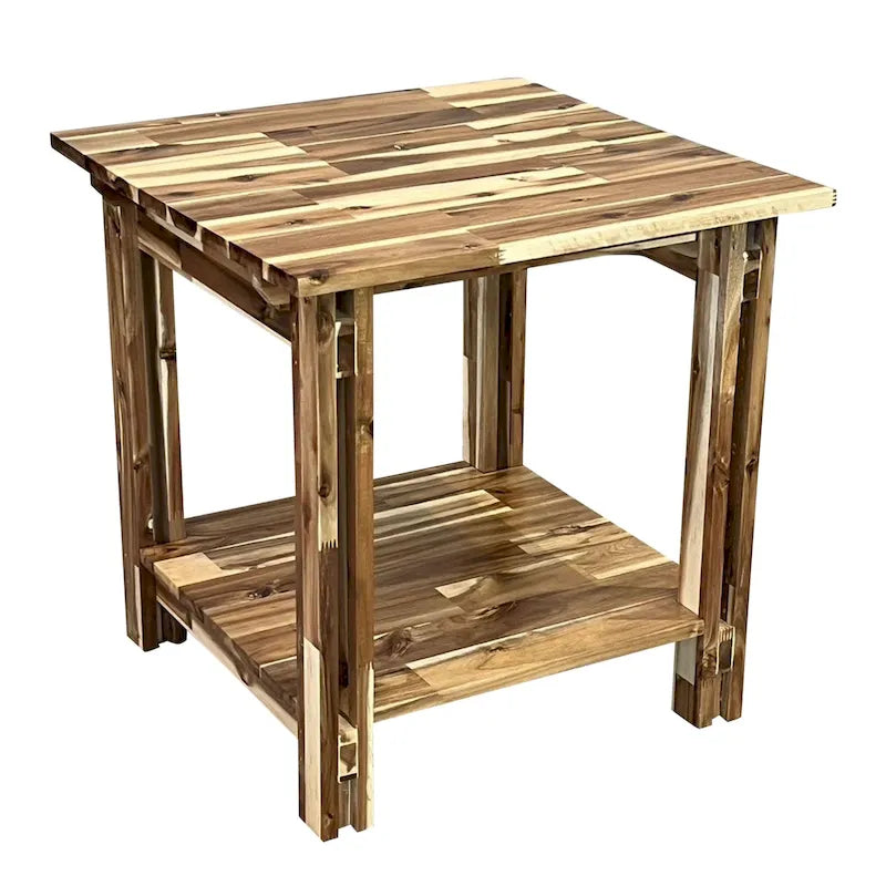 Table d'appoint en bois d'acacia massif avec étagère – Naturel/Acajou, 2 niveaux, 1 personne