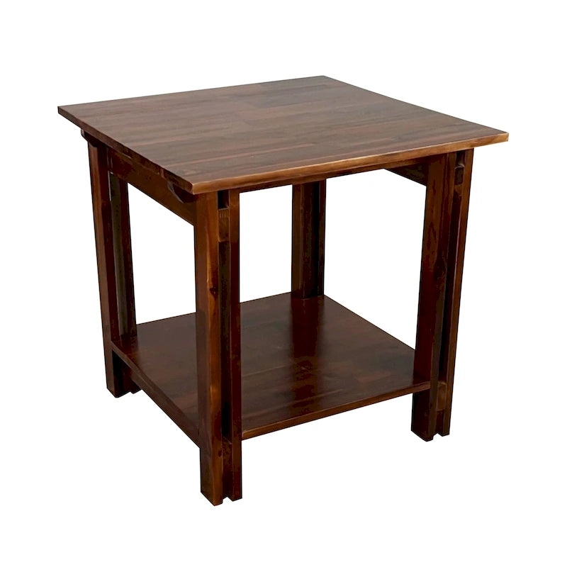 Table d'appoint en bois d'acacia massif avec étagère – Naturel/Acajou, 2 niveaux, 1 personne