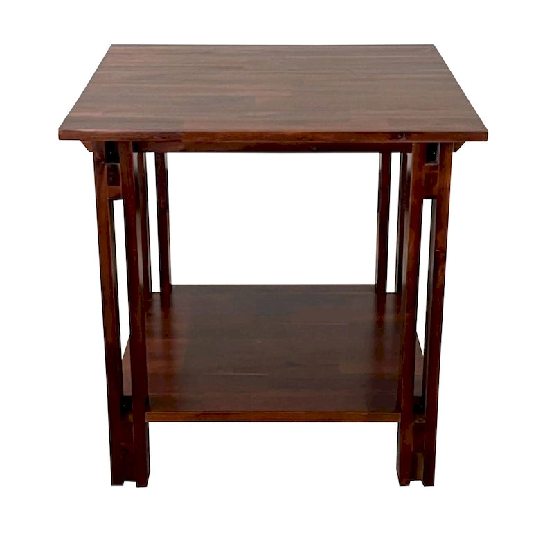 Table d'appoint en bois d'acacia massif avec étagère – Naturel/Acajou, 2 niveaux, 1 personne