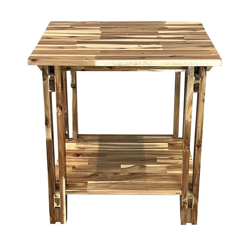 Table d'appoint en bois d'acacia massif avec étagère – Naturel/Acajou, 2 niveaux, 1 personne