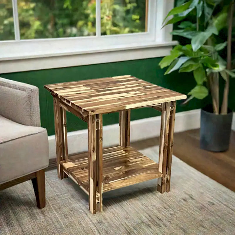 Table d'appoint en bois d'acacia massif avec étagère – Naturel/Acajou, 2 niveaux, 1 personne