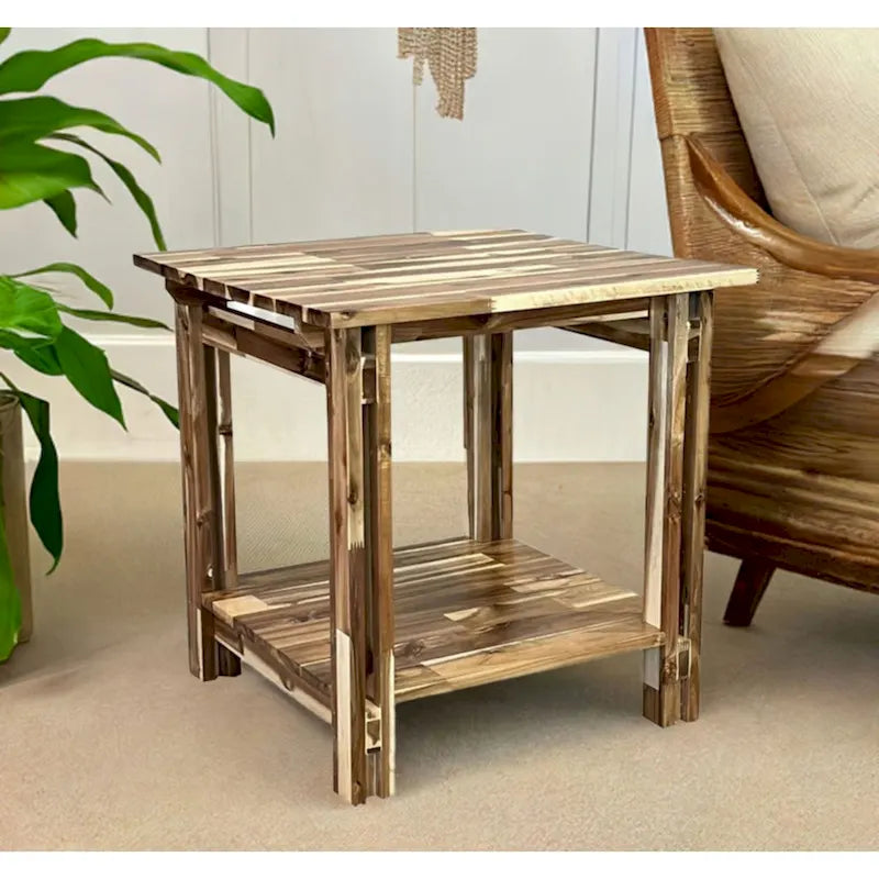 Table d'appoint en bois d'acacia massif avec étagère – Naturel/Acajou, 2 niveaux, 1 personne