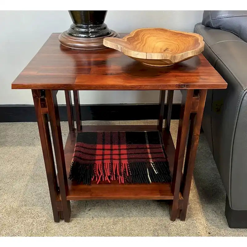 Table d'appoint en bois d'acacia massif avec étagère – Naturel/Acajou, 2 niveaux, 1 personne