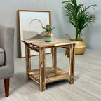 Table d'appoint en bois d'acacia massif avec étagère – Naturel/Acajou, 2 niveaux, 1 personne