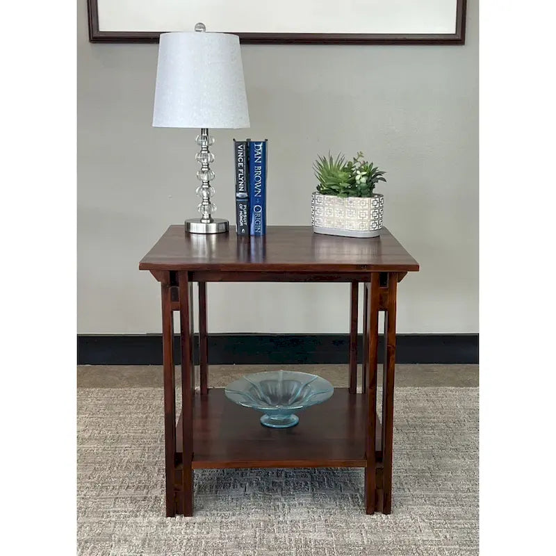 Table d'appoint en bois d'acacia massif avec étagère – Naturel/Acajou, 2 niveaux, 1 personne