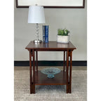 Table d'appoint en bois d'acacia massif avec étagère – Naturel/Acajou, 2 niveaux, 1 personne