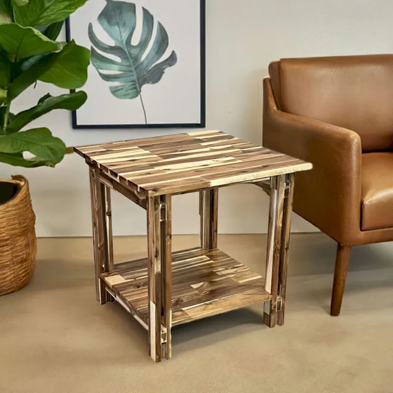 Table d'appoint en bois d'acacia massif avec étagère – Naturel/Acajou, 2 niveaux, 1 personne
