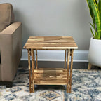 Table d'appoint en bois d'acacia massif avec étagère – Naturel/Acajou, 2 niveaux, 1 personne