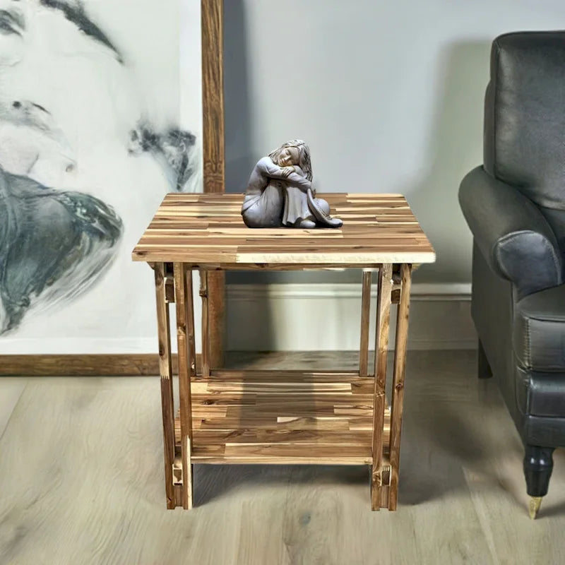 Table d'appoint en bois d'acacia massif avec étagère – Naturel/Acajou, 2 niveaux, 1 personne