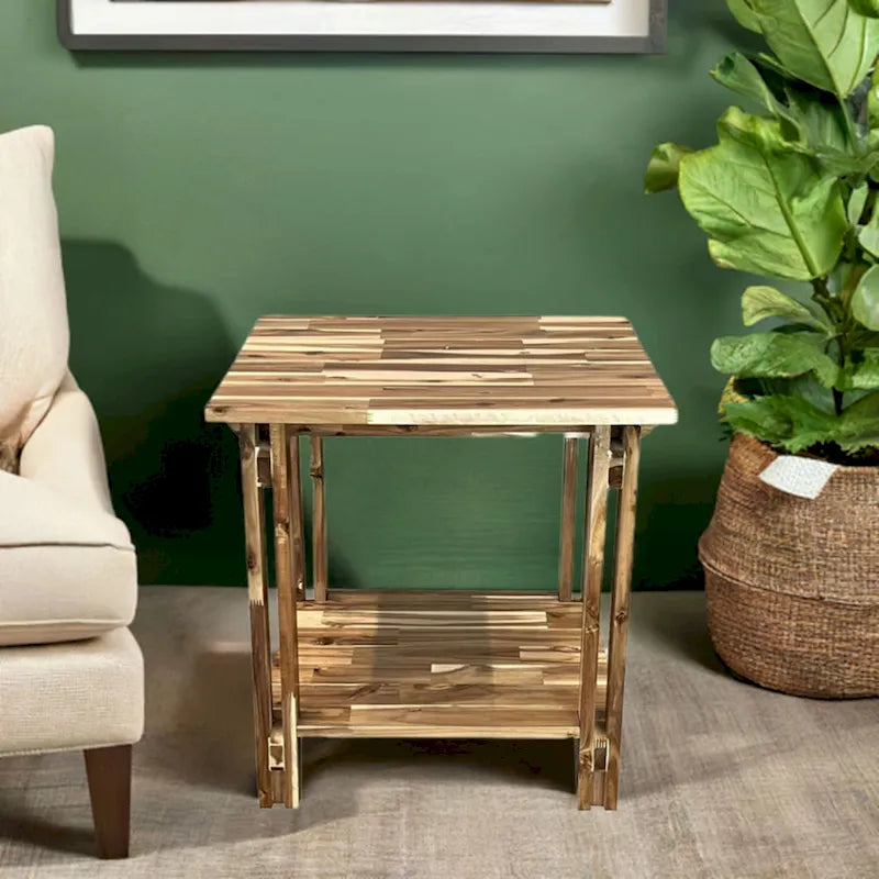 Table d'appoint en bois d'acacia massif avec étagère – Naturel/Acajou, 2 niveaux, 1 personne