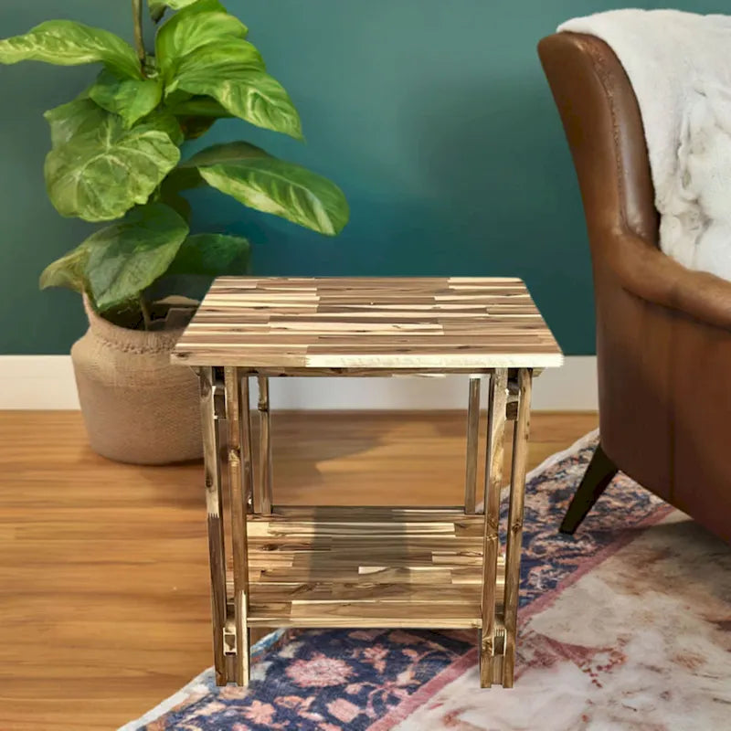 Table d'appoint en bois d'acacia massif avec étagère – Naturel/Acajou, 2 niveaux, 1 personne