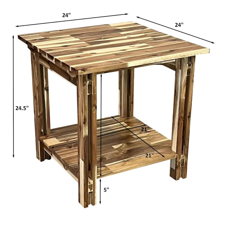 Table d'appoint en bois d'acacia massif avec étagère – Naturel/Acajou, 2 niveaux, 1 personne