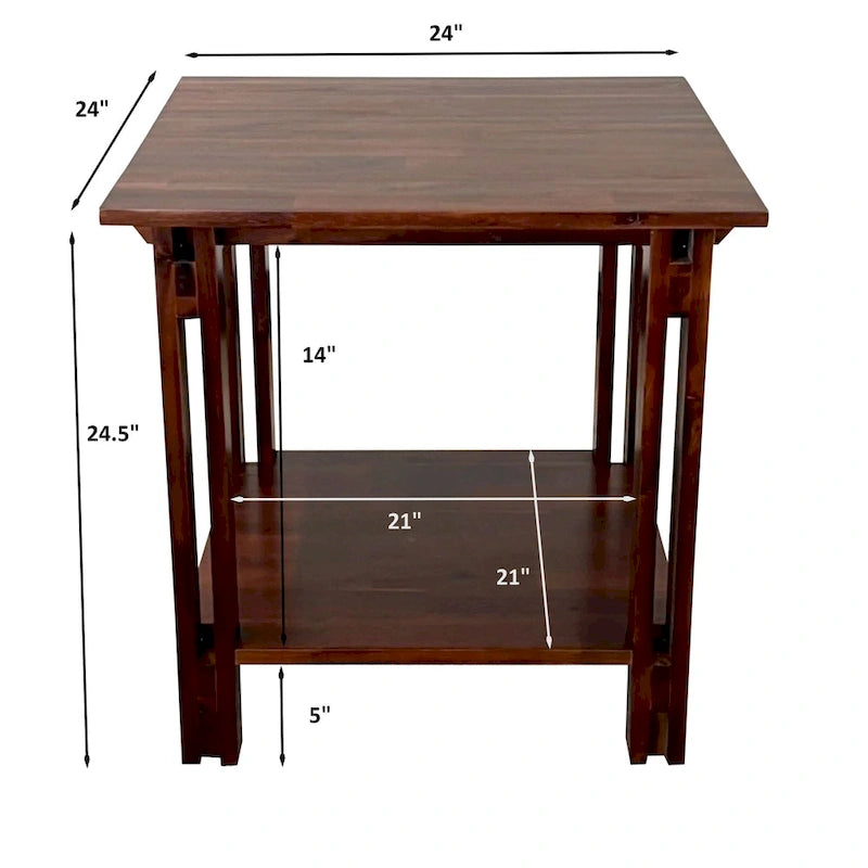 Table d'appoint en bois d'acacia massif avec étagère – Naturel/Acajou, 2 niveaux, 1 personne