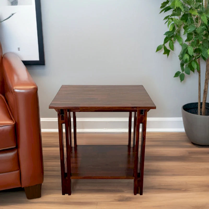 Table d'appoint en bois d'acacia massif avec étagère – Naturel/Acajou, 2 niveaux, 1 personne