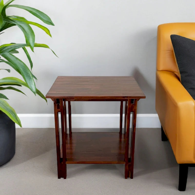 Table d'appoint en bois d'acacia massif avec étagère – Naturel/Acajou, 2 niveaux, 1 personne