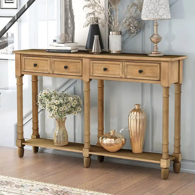 Table console avec 2 tiroirs et étagère inférieure, naturelle / expresso / ivoire / grise / bleue