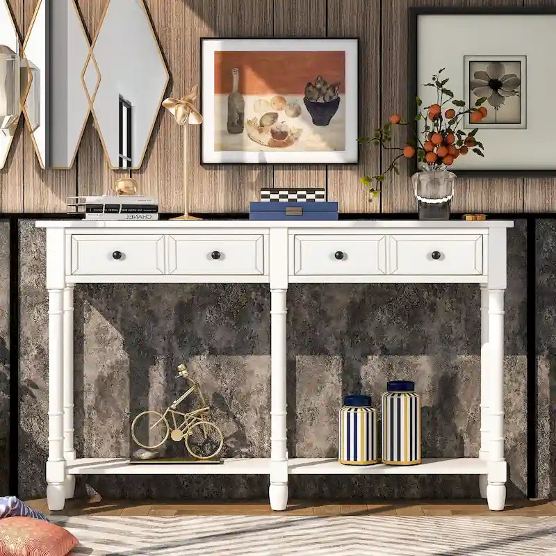 Table console avec 2 tiroirs et étagère inférieure, naturelle / expresso / ivoire / grise / bleue