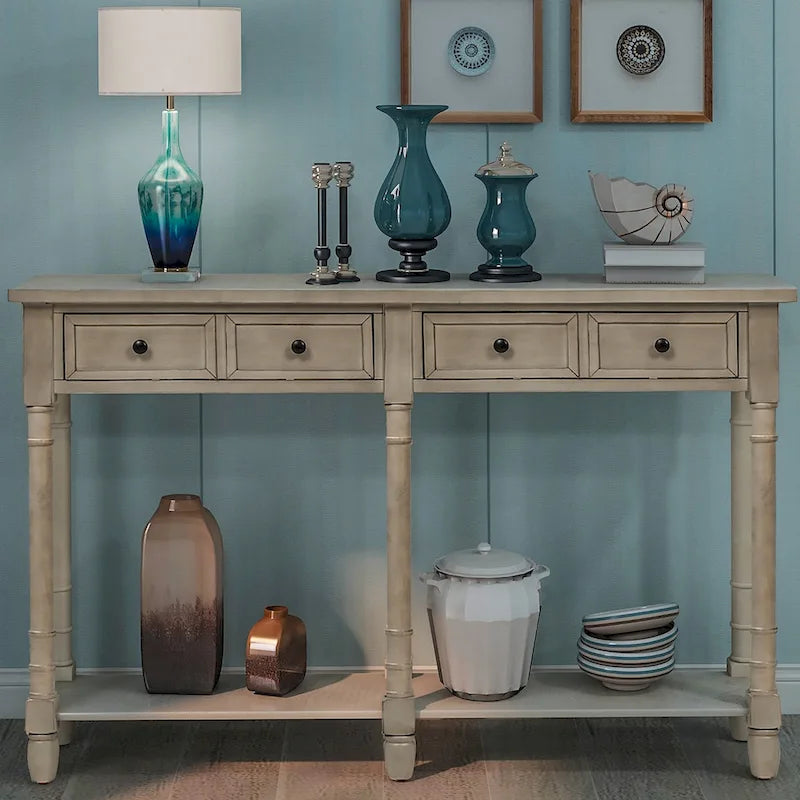 Table console avec 2 tiroirs et étagère inférieure, naturelle / expresso / ivoire / grise / bleue