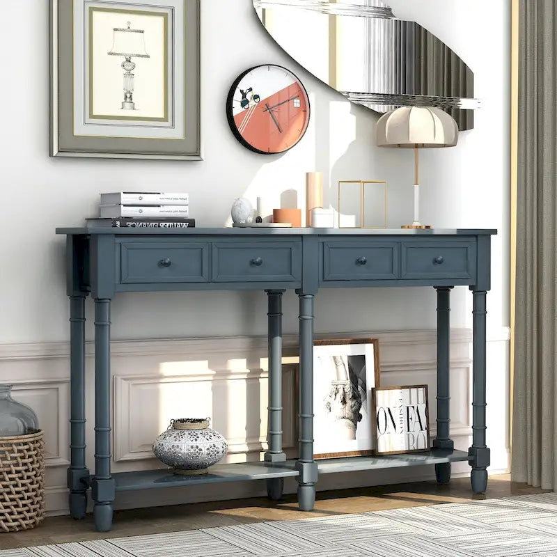 Table console avec 2 tiroirs et étagère inférieure, naturelle / expresso / ivoire / grise / bleue