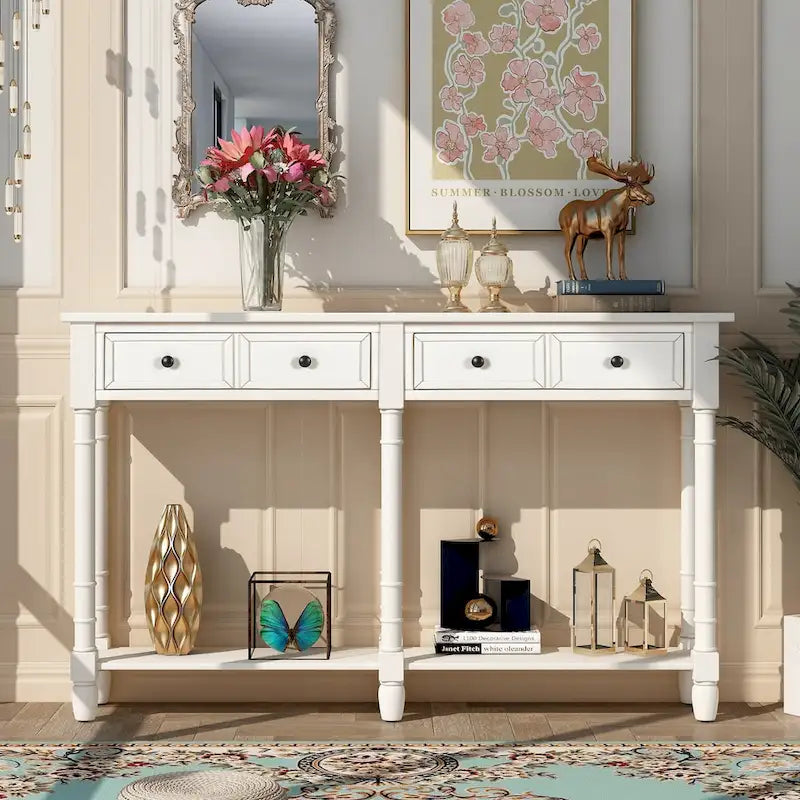 Table console avec 2 tiroirs et étagère inférieure, naturelle / expresso / ivoire / grise / bleue