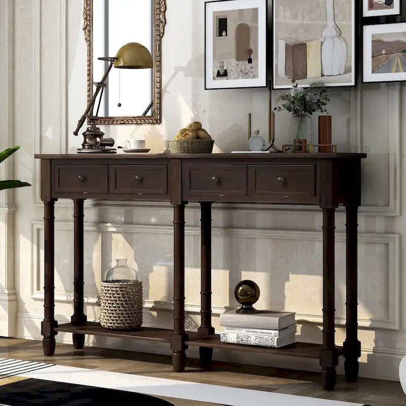 Table console avec 2 tiroirs et étagère inférieure, naturelle / expresso / ivoire / grise / bleue