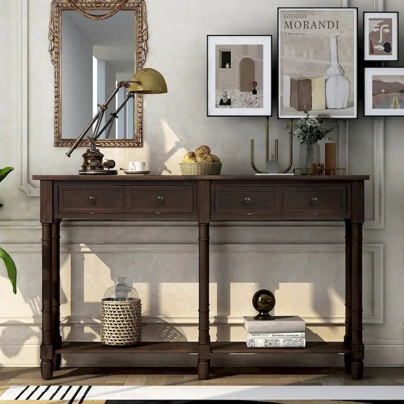 Table console avec 2 tiroirs et étagère inférieure, naturelle / expresso / ivoire / grise / bleue