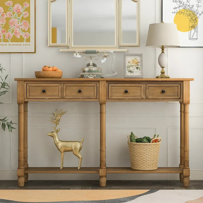Table console avec 2 tiroirs et étagère inférieure, naturelle / expresso / ivoire / grise / bleue