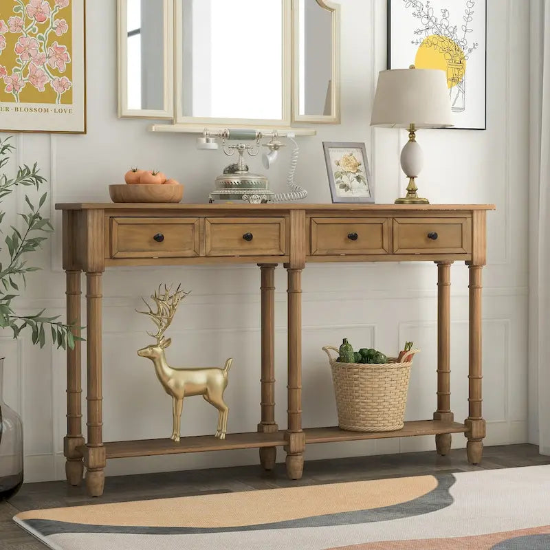 Table console avec 2 tiroirs et étagère inférieure, naturelle / expresso / ivoire / grise / bleue