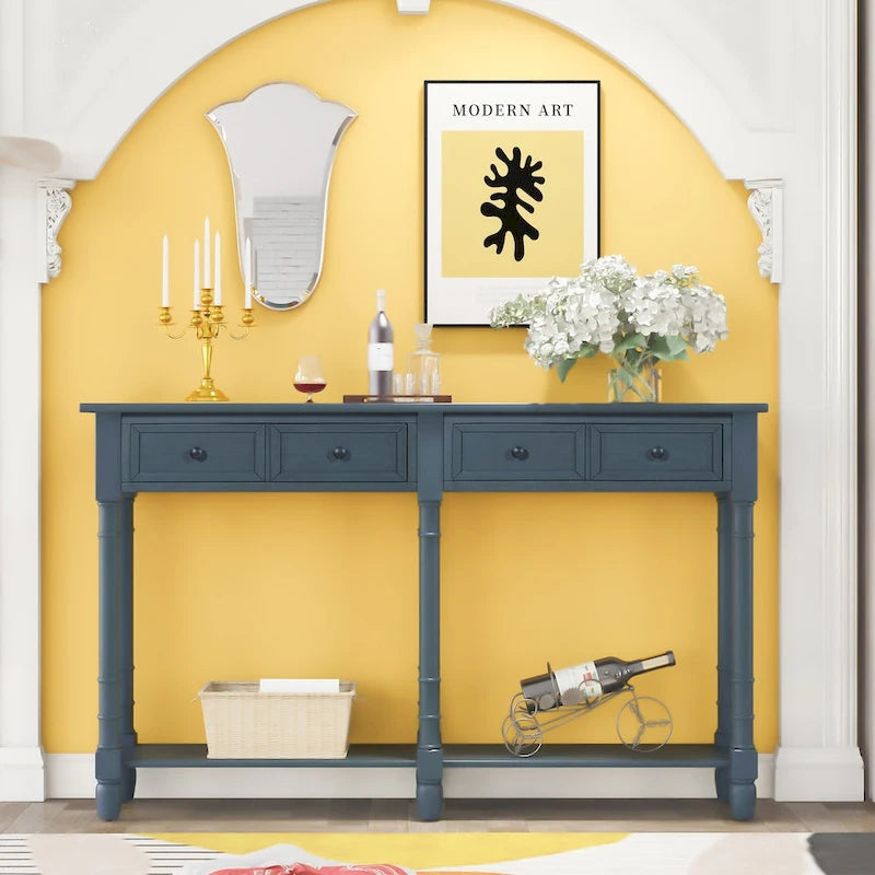 Table console avec 2 tiroirs et étagère inférieure, naturelle / expresso / ivoire / grise / bleue