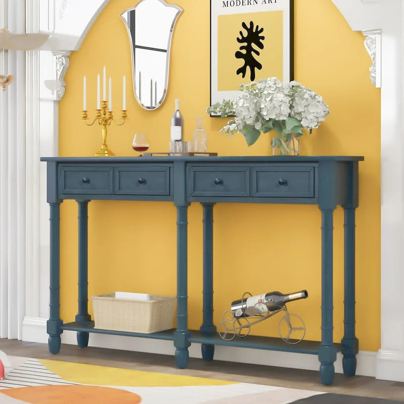 Table console avec 2 tiroirs et étagère inférieure, naturelle / expresso / ivoire / grise / bleue