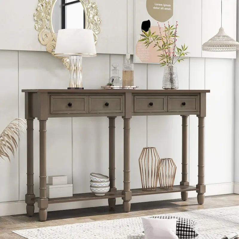 Table console avec 2 tiroirs et étagère inférieure, naturelle / expresso / ivoire / grise / bleue