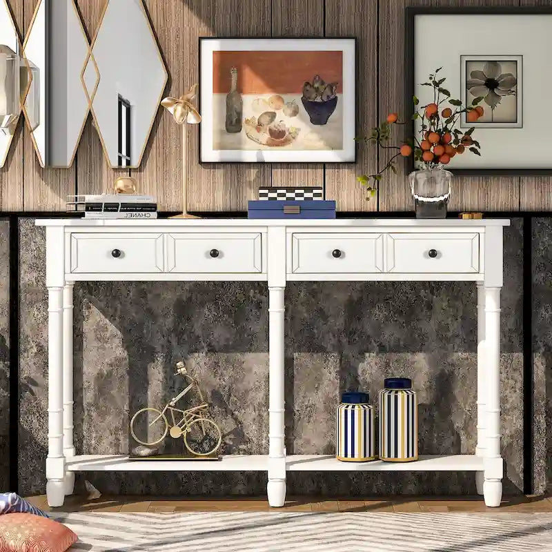 Table console avec 2 tiroirs et étagère inférieure, naturelle / expresso / ivoire / grise / bleue