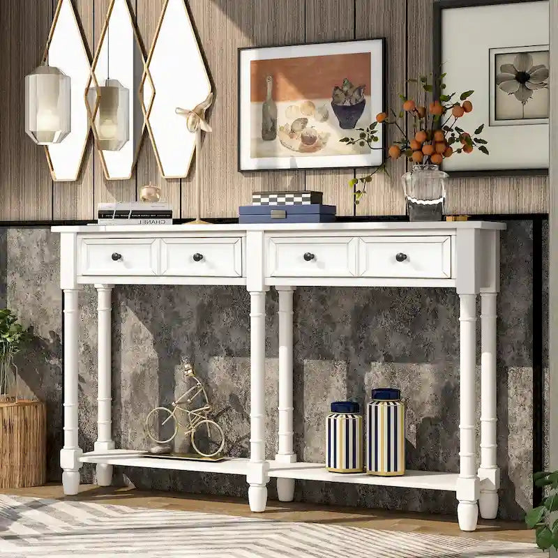 Table console avec 2 tiroirs et étagère inférieure, naturelle / expresso / ivoire / grise / bleue