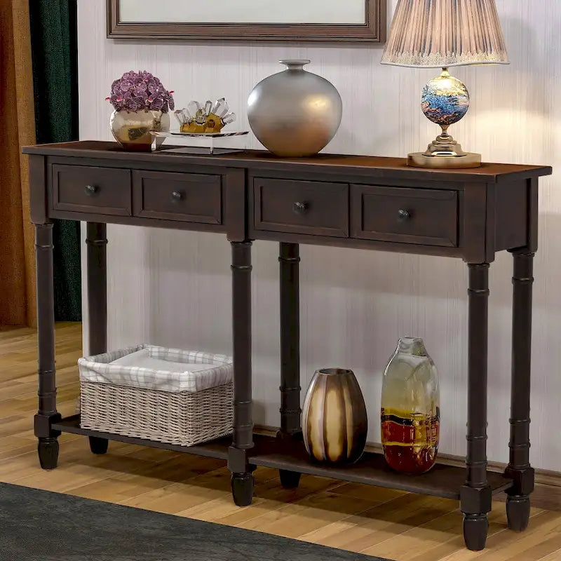 Table console avec 2 tiroirs et étagère inférieure, naturelle / expresso / ivoire / grise / bleue