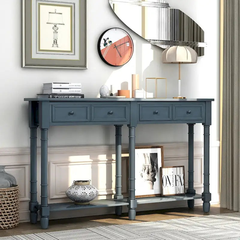 Table console avec 2 tiroirs et étagère inférieure, naturelle / expresso / ivoire / grise / bleue