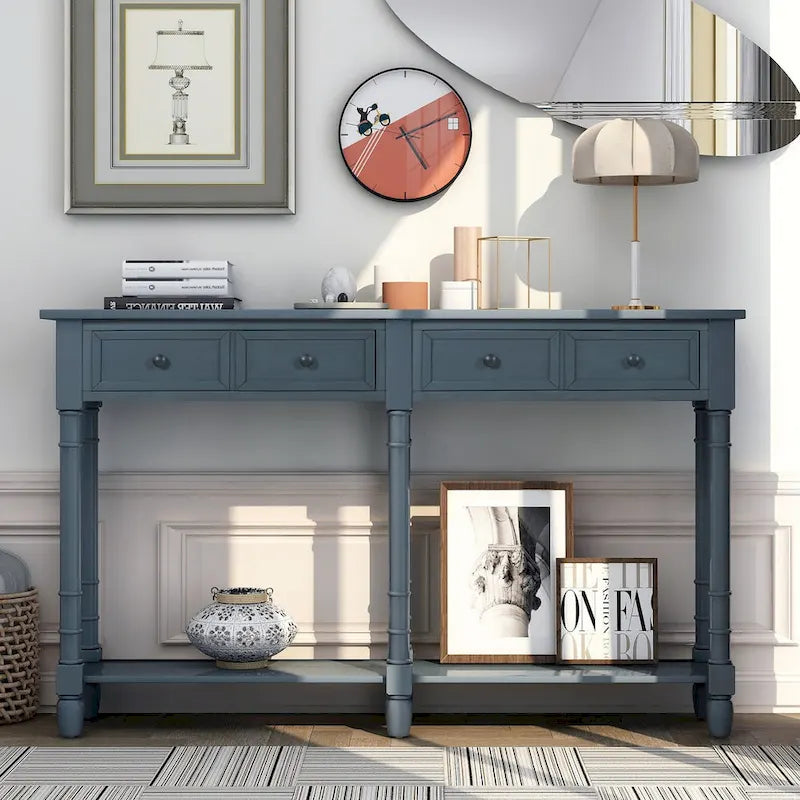Table console avec 2 tiroirs et étagère inférieure, naturelle / expresso / ivoire / grise / bleue
