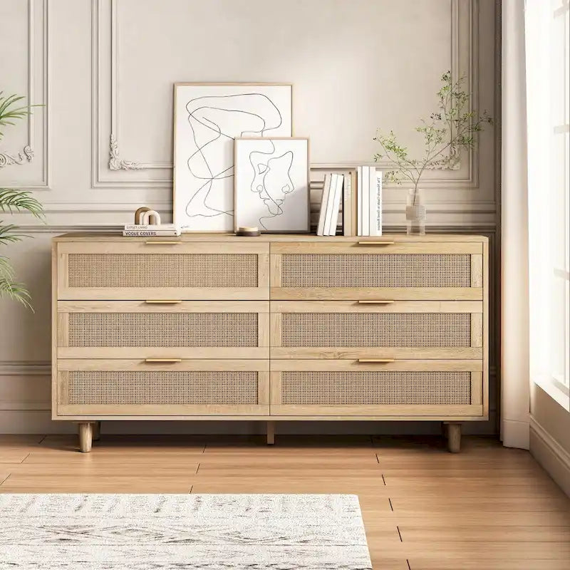 Commode de rangement 6 tiroirs en rotin, naturel/noir