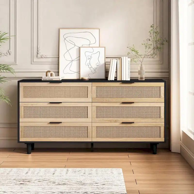 Commode de rangement 6 tiroirs en rotin, naturel/noir