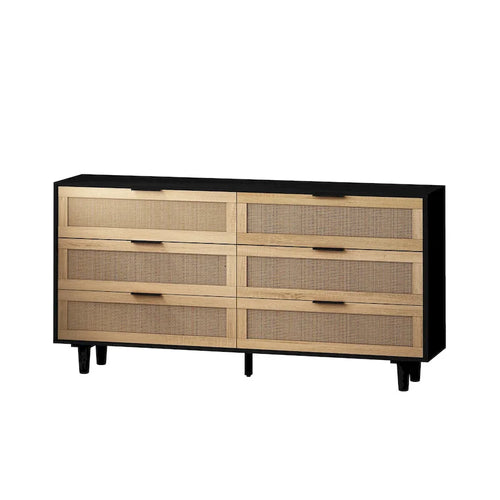 Commode de rangement 6 tiroirs en rotin, naturel/noir