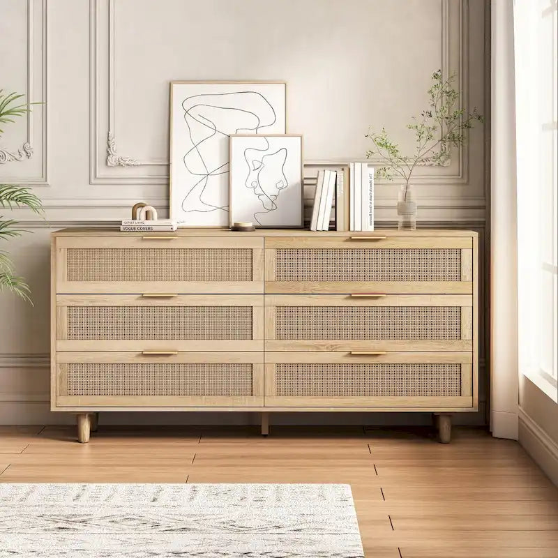 Commode de rangement 6 tiroirs en rotin, naturel/noir