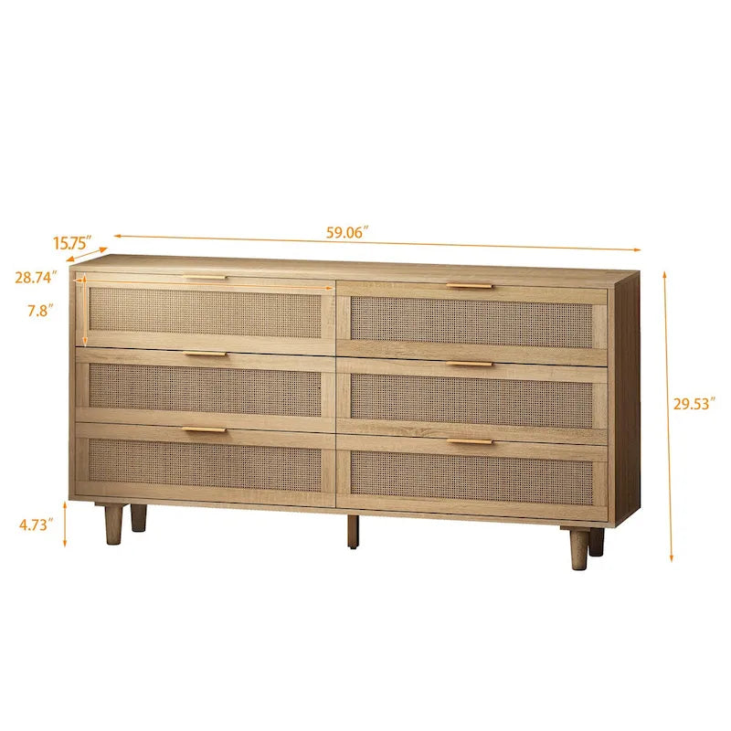 Commode de rangement 6 tiroirs en rotin, naturel/noir