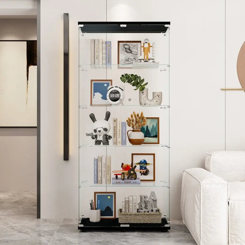 Meuble vitrine à double porte vitrée 5 étagères noir/blanc