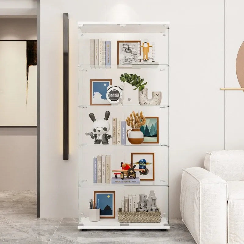 Meuble vitrine à double porte vitrée 5 étagères noir/blanc