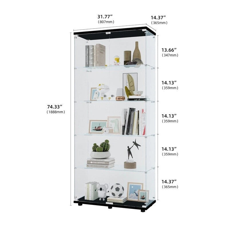Meuble vitrine à double porte vitrée 5 étagères noir/blanc