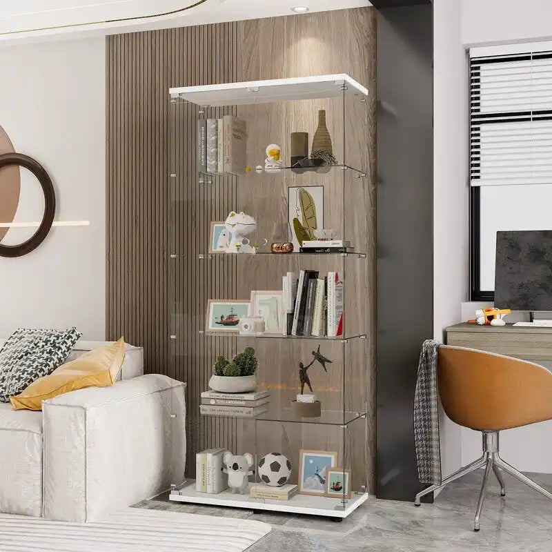 Meuble vitrine à double porte vitrée 5 étagères noir/blanc